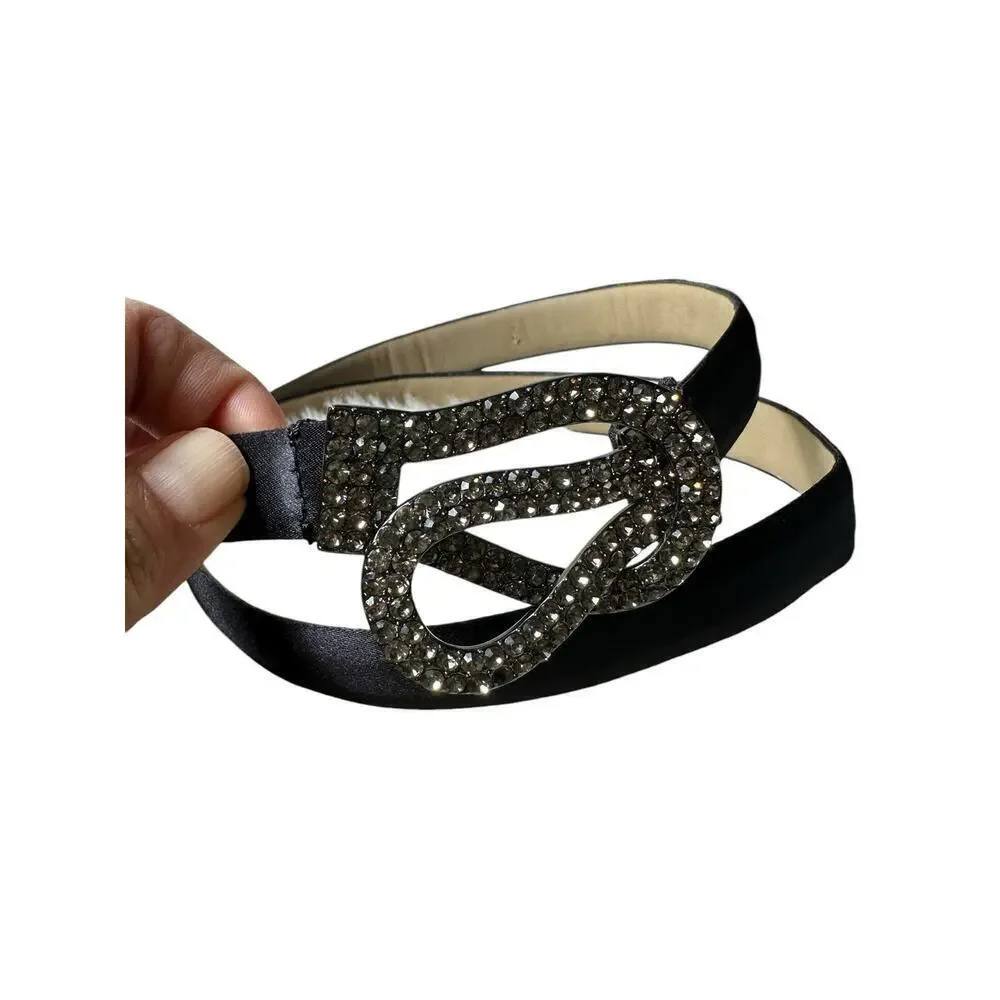 Talbots Black Leather Belt with Rhinestone Infinity Buckle